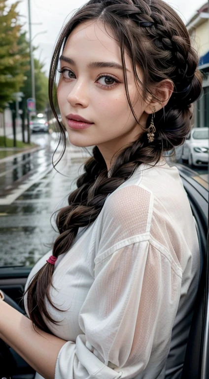 A busty woman of 1 meter and 60 years old in front of the car raining with her body all wet and the rain falling on her Walking with her feet on the ground and her hair braided in a compound, elegant style is portrayed in a stunning scene. Your braided hair displays a variety of patterns and textures, demonstrating skill and art in creating the hairstyle. The woman is portrayed with a confident posture, sorridente e orgulhosa, destacando sua beleza e autenticidade. Your facial features are distinct and expressive, reflecting your individuality and inner strength. The scene is softly lit, highlighting the details of the braided hair and the beauty of the woman. Your presence is captivating, conveying a sense of grace and determination. This depiction of a black woman with braided hair is a celebration of black culture and beauty., capturing the elegance and pride of a traditionally significant hairstyle. ela toda molhada