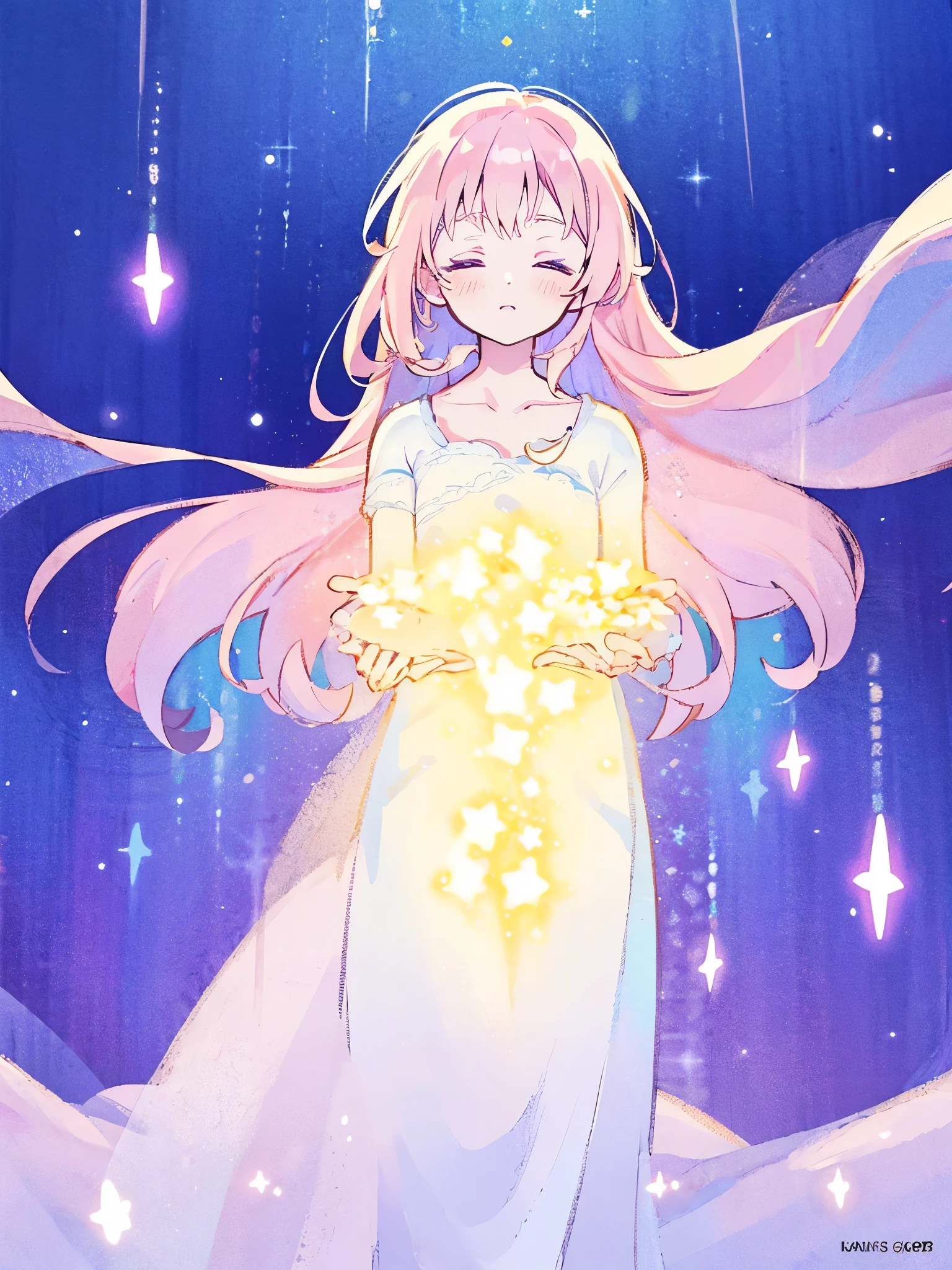 complex background, wishing star background, a woman wearing an ethereal mystical pink translucent dress that reflects the stars, perfume promo art, mystic, complex drawing, highly detailed, Covergirl brand, promo art, artistic rendition, ethereal, starry night, midjourney style