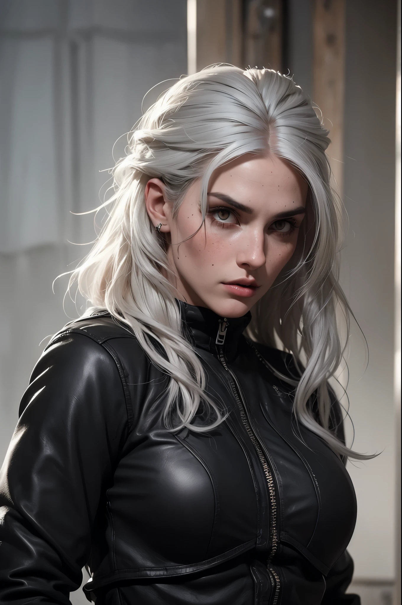 linda com longos cabelos pretos e olhos azuis cristalinos parecida com a yennefer do jogo the witcher, athletic body, She wears a black leather jacket and sweatpants..., your face is stained with blood and freckles, Your skin is white, and his expression is angry