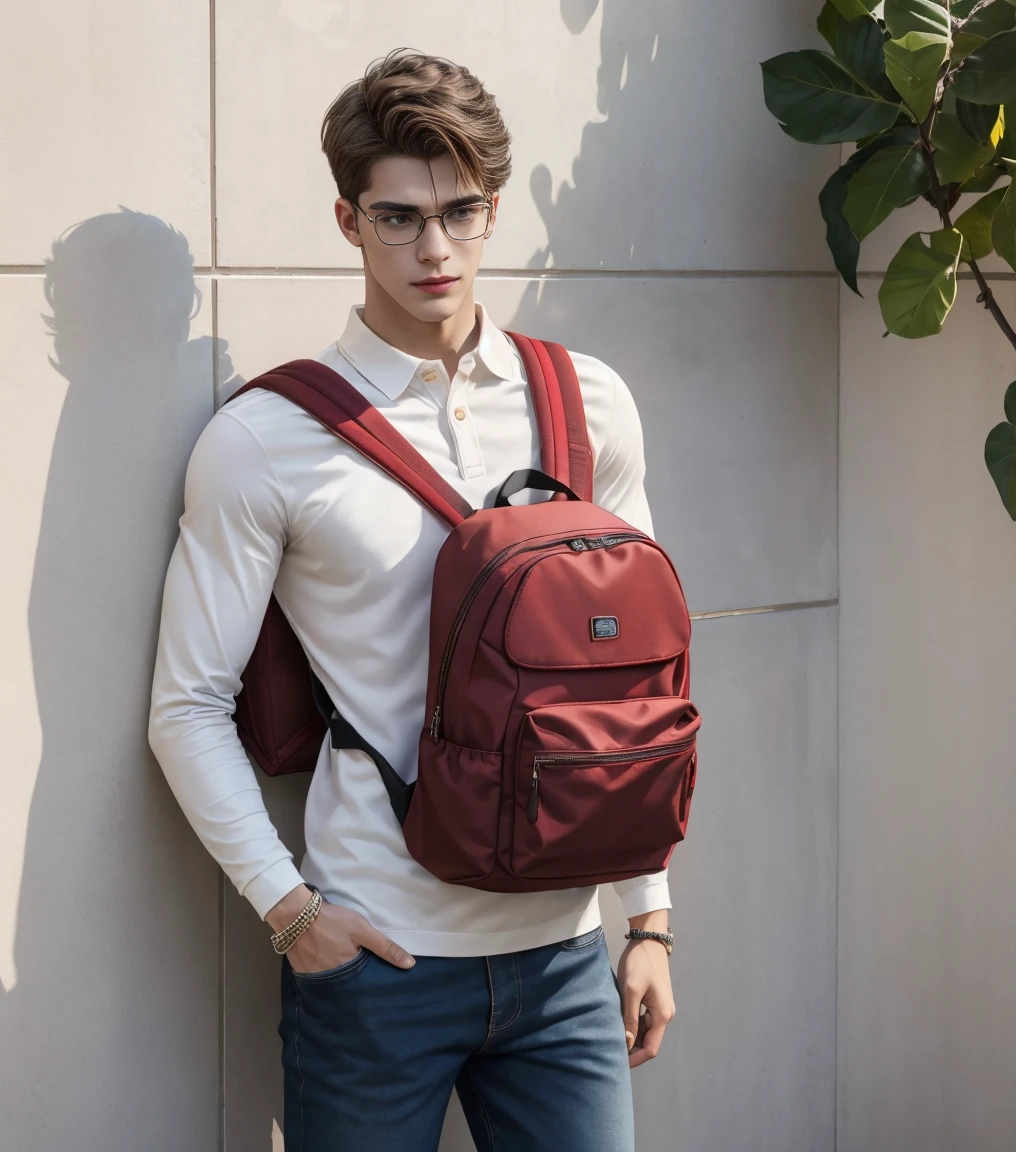 HD quality, high definition, a male college student 20 years old handsome, muscular and slim, red lips, leaning against wall inside campus, ((exposed vagina)) , wearing open unbottoned longsleeves polo, model with bracelets, earrings, with eye glasses, fully nude and naked body, smirk, wearing shoes, sexy and seductive, summer ((exposed Vagina)), ((carrying backpack), full body view, angry eyebrowse, sunlight