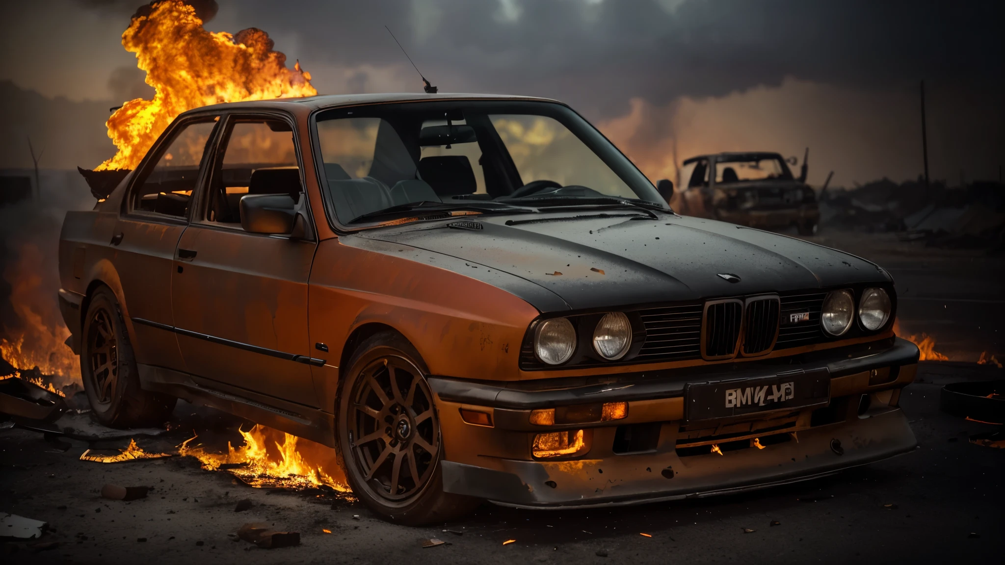 (best quality,4k,8k,highres,masterpiece:1.2),(realistic,photorealistic,photo-realistic:1.37),dark atmosphere,smoke,burning,broken BMW e30,destruction,fiery ruins,dramatic lighting,intense flames,melting metal,scorched paint,damaged engine,cracked windows,blazing inferno,torn upholstery,shattered glass,fiery glow,devastation,ruined car,scorching heat,engulfed in fire,emerging from the ashes,desolate scene,blackened wreckage,ominous ambiance,billowing smoke,vengeful flames,deterioration,grim aftermath,chaos and destruction,intense heat,sinister aura,distorted forms,ashes and smoke,evocative ruins,burnt rubber,consumed by fire,devouring flames,glowing embers,smoldering remains