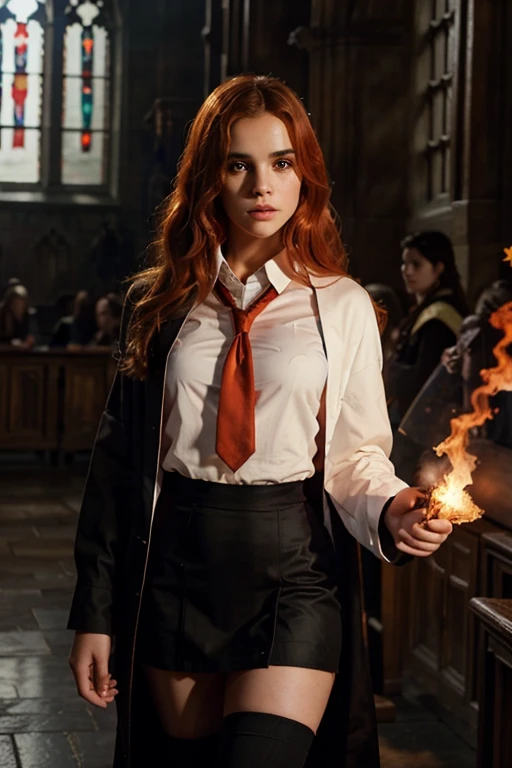 Bridget Satterlee with orange hair, a white shirt, black skirt, red tie, black robe in hogwarts uniform, with fire powers