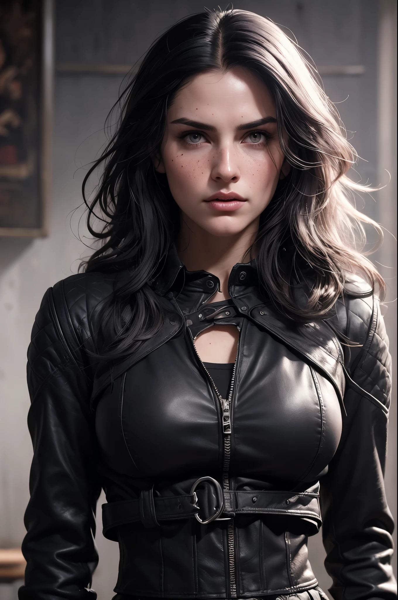 linda com longos cabelos pretos,parecida com a yennefer do jogo the witcher, athletic body, purple eyes,She wears a black leather jacket and sweatpants..., your face is stained with blood and freckles, Your skin is white, and his expression is angry