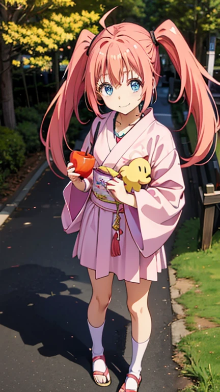 masterpiece, highest quality, High resolution,Anime Style、Characters from Tensura、Milim Platinum pink hair(Twin tails:1:20)(Ahoge:1:10)、blue eyes、About 10 years old、、Smile with your mouth closed、The double tooth shines、Red on the neck、white、A necklace with a blue magatama、Border socks、Smiling innocently、Goldfish patterned yukata、stall、With a candy apple in hand(angle:from the front)