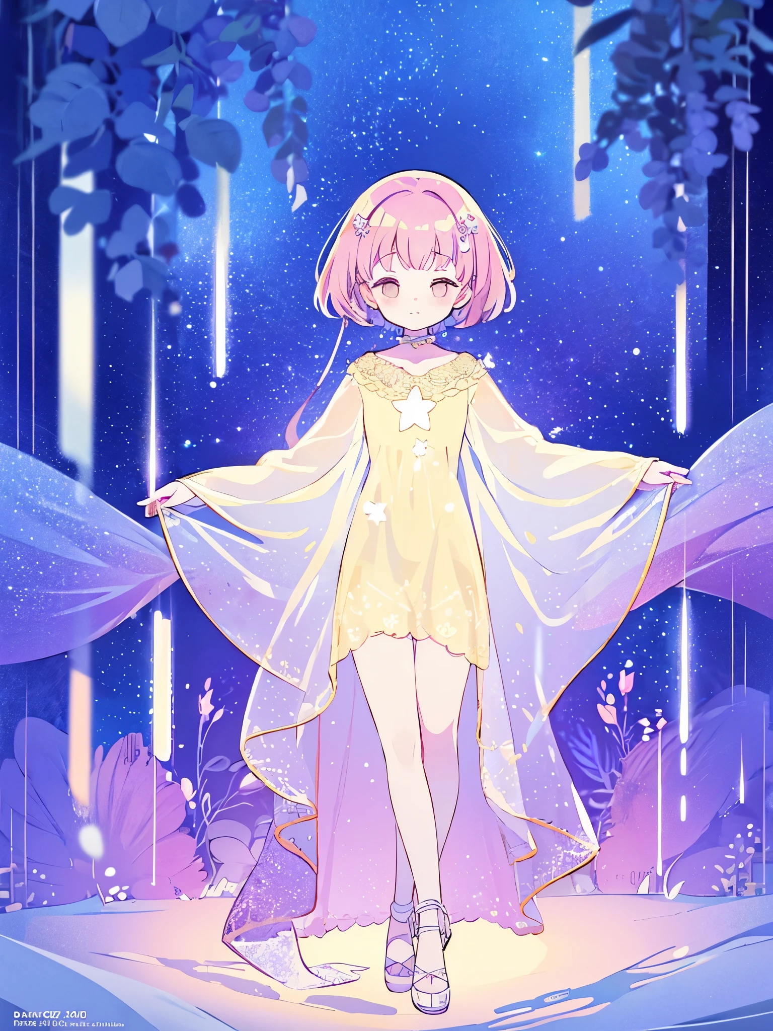 complex background, wishing star background, a woman wearing an ethereal mystical pink translucent dress that reflects the stars, perfume promo art, mystic, complex drawing, highly detailed, Covergirl brand, promo art, artistic rendition, ethereal, starry night, midjourney style