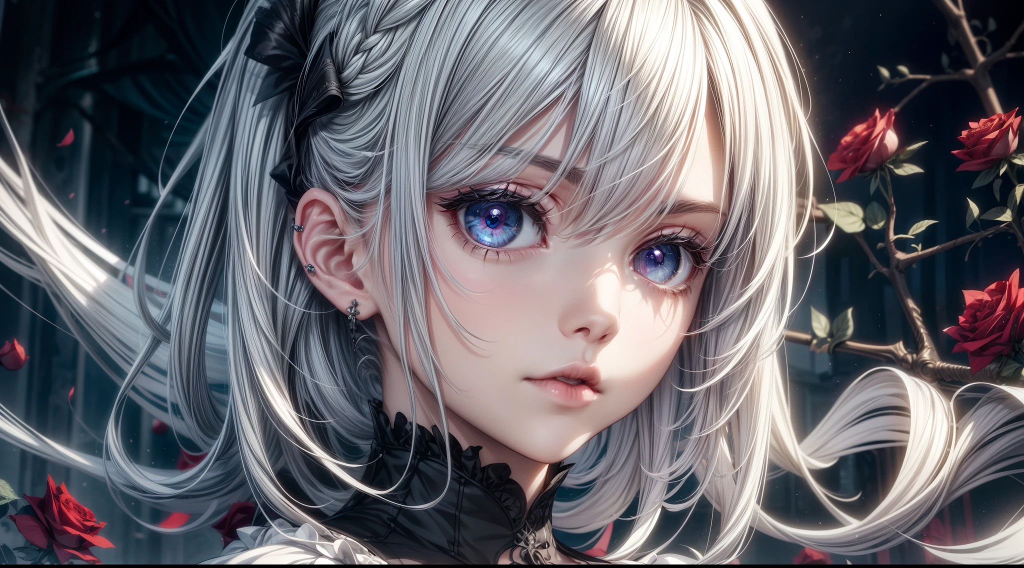 A teenage girl，Wilted roses，Gothic，White hair，Hyper-Resolution，Accuracy，detail render，（Delicate Face Portrayal）（Fine hair depiction）（Best quality at best）（tmasterpiece）（High degree of completion）（a sense of atmosphere）tmasterpiece，ultra - detailed（bust）style of anime