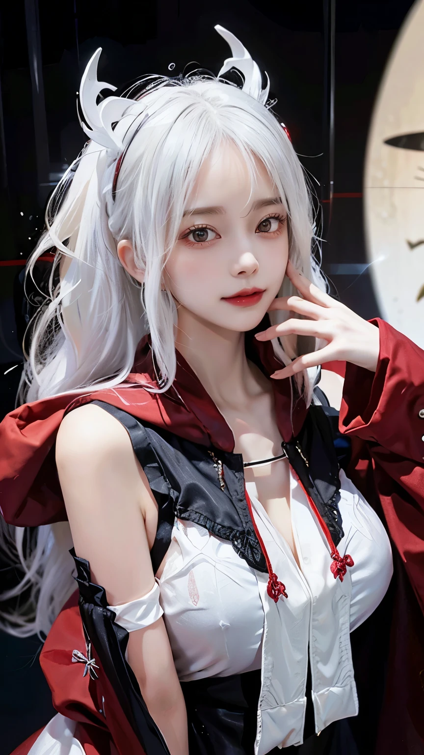 Long white hair - Red eyes - Black hair accessory - Hoodie - Elegant - Mysterious - Less revealing - Modest - Unique - Smiling - Attractive - Presence