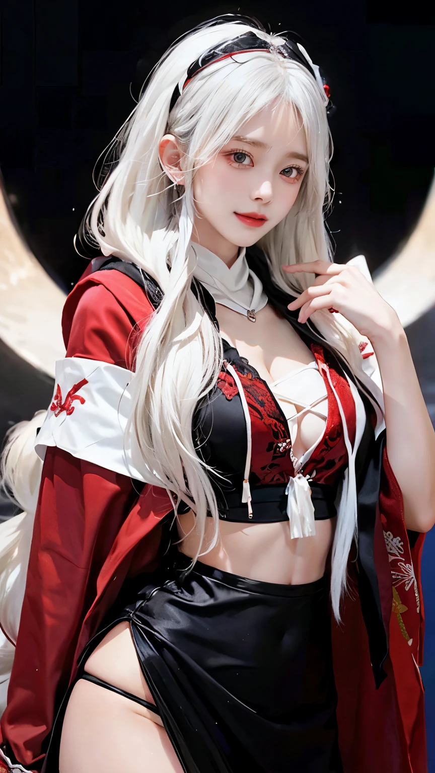 Long white hair - Red eyes - Black hair accessory - Hoodie - Elegant - Mysterious - Less revealing - Modest - Unique - Smiling - Attractive - Presence