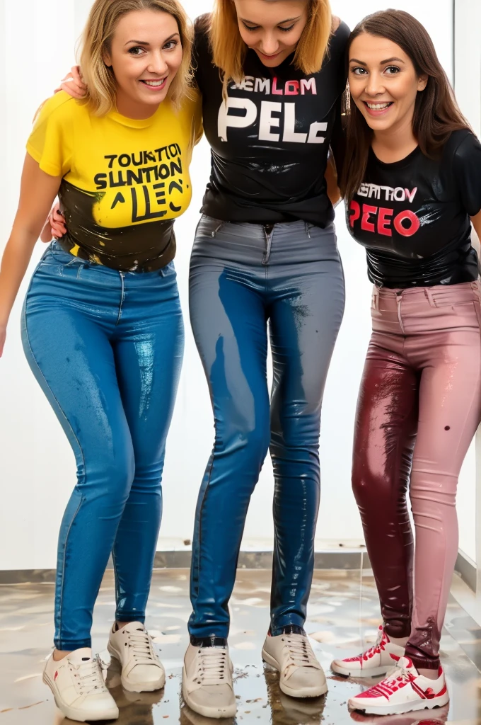 ((three tall blonde women)), ((skinny jeans)), cloth sneakers, t-shirt, big smile, standing in an office, show sneakers, pee stains on legs of jeans, pee stains on ass of jeans, (((full view))), full body view, wetting self, standing in puddle of pee, ((((rear view)))), sneakers stained yellow with pee and soaked with pee