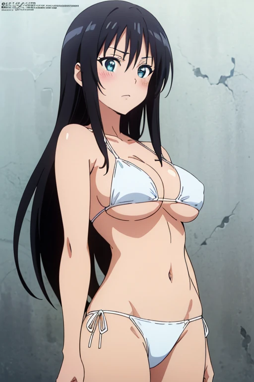 (masutepiece, Best Quality, High resolution, anime screencap, anime colours, megami magazine:1.2, anime poster style, anime keyvisual, sharp, 8k, photorealistic), (beautiful eyes:1.5, beautiful face), Kotegawa Yui, 1girl, solo, Cute, blush, (Long Black Hair), (large breasts:1.2), underboob, (White Bikini:1.2), cowboy shot, standing, (Perfect detailed Anatomy, beautifull detailed face, Beautiful detailed eyes, beautiful detailed hair, perfect detailed body:1.2, shiny skin), (thick outline, Beautiful outlines, black outlines), simple background