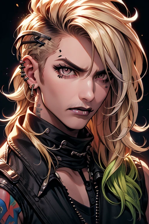 long layered blonde hair, punk, nose piercing, earrings, black lipstick, male, angry, no facial hair.