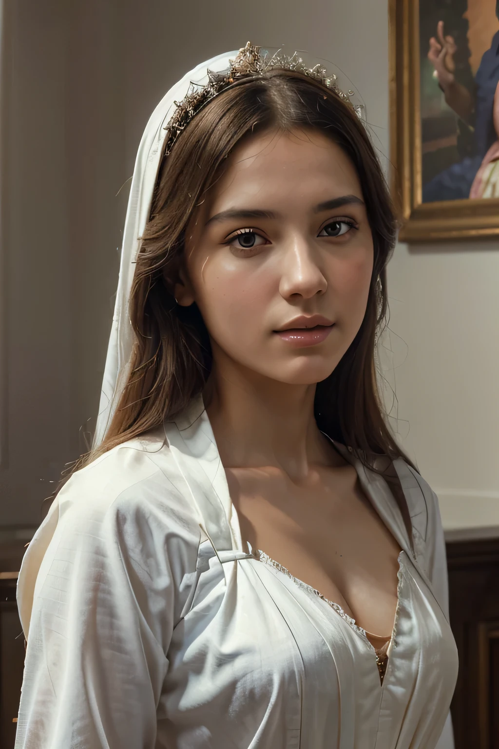 A beautiful ultra-thin realistic portrait of the Virgin Mary, white outfit with blue details, ((divinity)), full body, biblical, realistic, intricate details, by Abbott Fuller Graves, Bartolome Esteban Murillo, Jc Leyendecker, Craig Mullins, Peter Paul Rubens, (Caravaggio), Trend in Artstation, 8k, Concept Art, Fantasy Art, PhotoRealistic, Realistic, Illustration, Oil Painting, Surrealism, HyperRealistic, brush brushes, Digital art, style, watercolour
