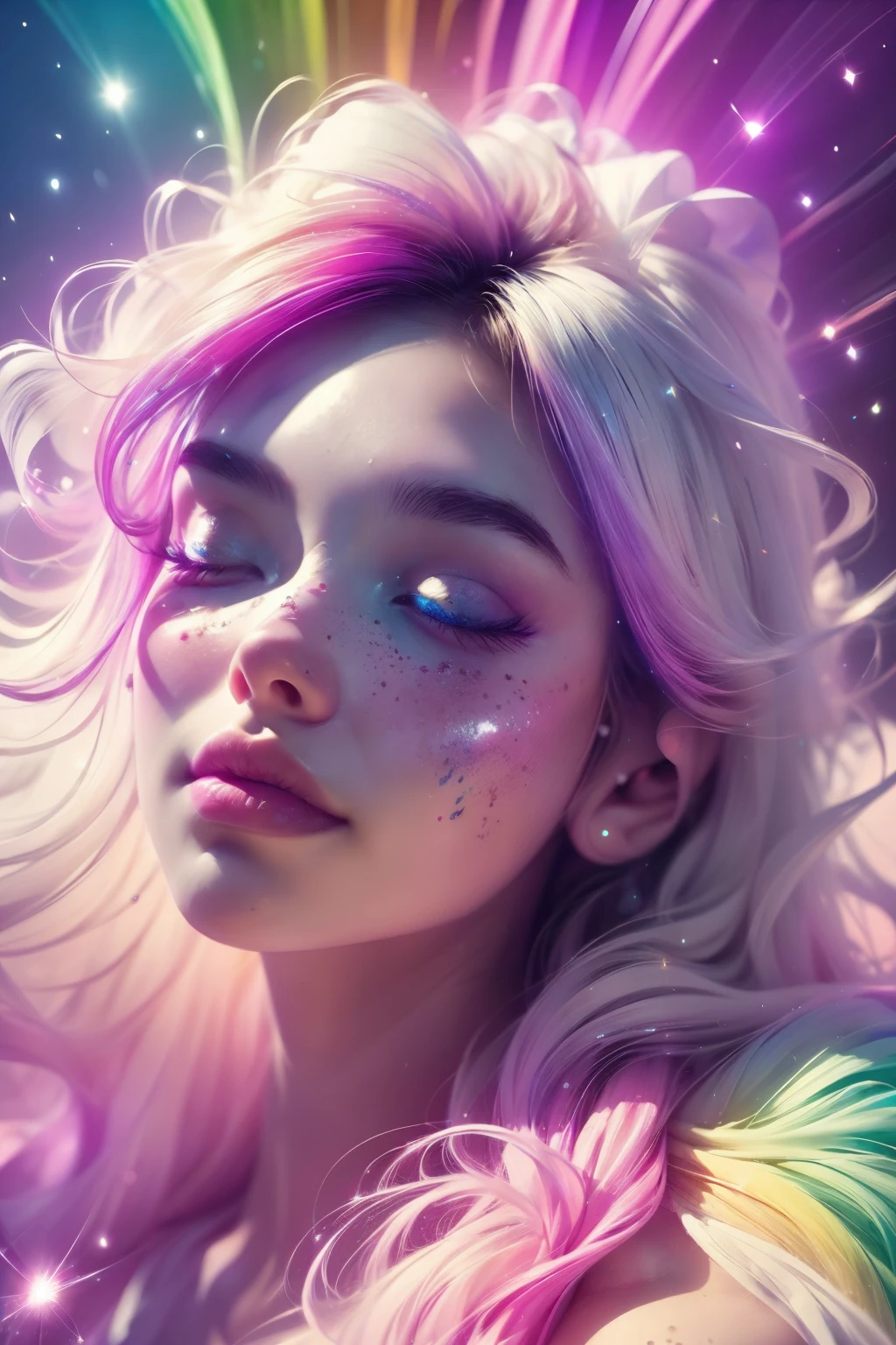 (This is a beautiful rainbow fantasy image that feels interesting and emphasizes glitter and iridescence.) Generate a ((blind)) curvy woman with colorful curly hair and milky white eyes. Her face is important and is perfectly formed with puffy lips and perfect features. (Her eyes are critically important and are (blank) and (solid white)). The image exudes ethereal beauty and soft fantasy. Include sweet and detailed birds and soft, luminous flowers in all the colors of the rainbow. The image's background is decorated in shades of pink, shimmer, glitter, and fantasy details like colored bubbles and cosmos. Utilize dynamic composition to create a compelling and action-packed image. Dramatic lighting and cinematic lighting enhance the woman's beauty and the soft colors in the artwork. (((((Perspective: head on.))))) Include fantasy, cute, colorful, colourful, interesting magic background, ((((blank eyes)))), ((((empty white eyes)))), (shirome eyes:1.3), (smirking), (perfectly rendered solid whiteeyes), ((birthmark on lip)), ((pretty lips)), beautiful background, complex background, sweet background, (((rainbow)))