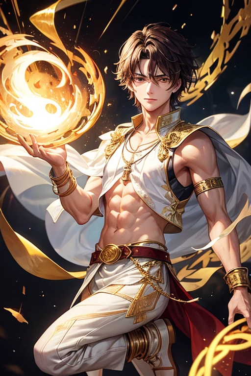 Merlin, 20 year old boy, long dark brown hair, short messy hair, brown eyes, djinn clothing, open white sleeveless vest, white vest with gold Arabic print, light gold Arabic pants, gold belt, djinn bracelet with golden gems, brown boots, phosphorescent gold tattoos, surrounded by fire and white smoke tied by cardenas of hands and feet surrounded by white chains on a background of Arab ruins.
