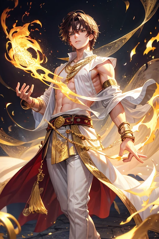 Zac Efron, 20 years old, short dark golden brown hair, short messy hair, dark green eyes, djinn clothing, light golden sleeveless open vest, light golden vest with red Arabic print, light red Arabic pants, golden belt, djinn bracelet with silver gems, brown boots, phosphorescent red tattoos, surrounded by fire and red smoke, muscular delegate build, hands tied with chains and feet surrounded by white chains, green magic circles on each hand on a background of Arabian ruins.