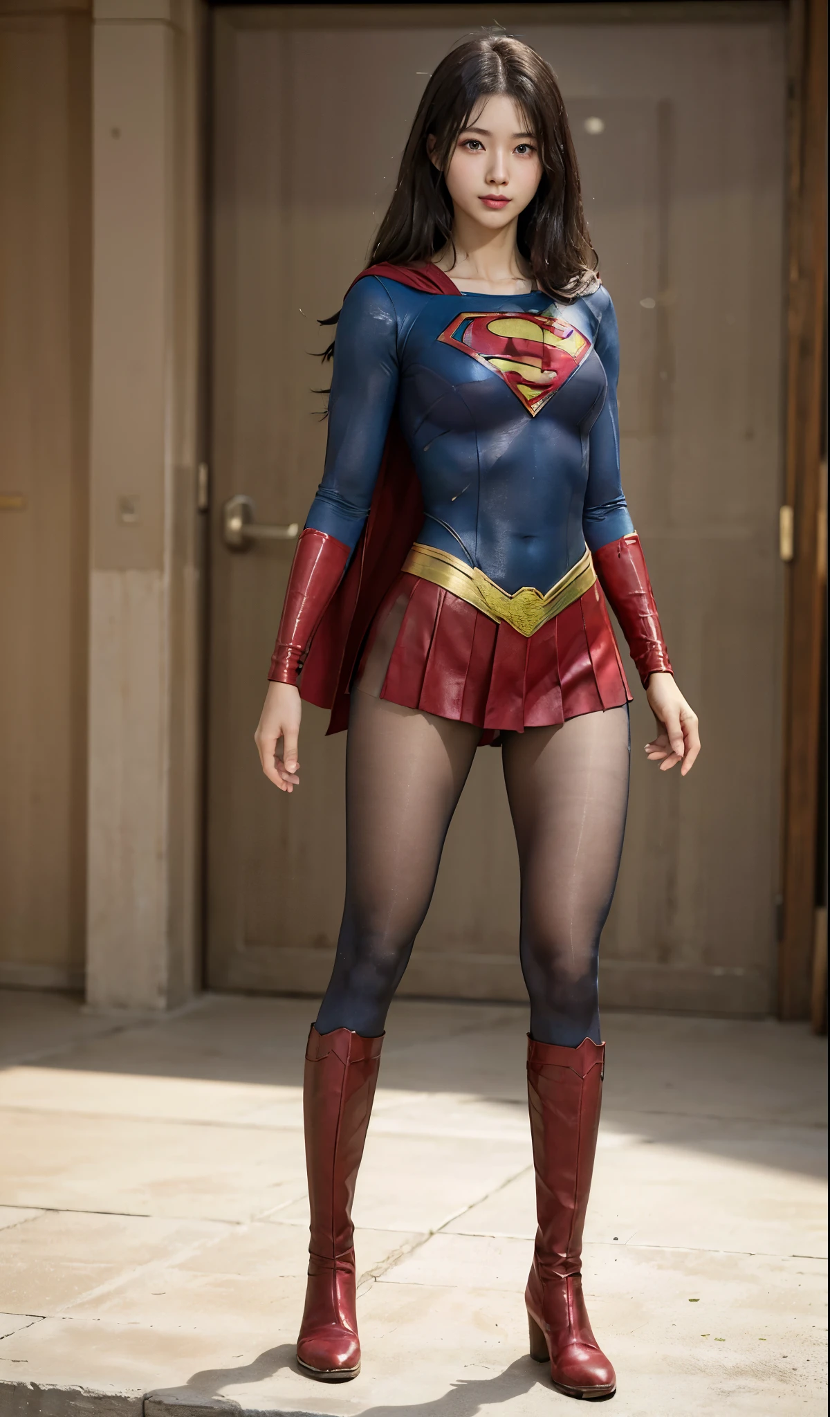 No background、(((Beautiful legs in black tights.)))、(((Legally express the beauty of your smile)))、((((Make the most of your original images)))、(((Supergirl Costume)))、(((Beautiful Hair)))、(((suffering)))、(((Please wear black tights....、Wear red boots)))、((Best image quality、8k))、((highest quality、8k、masterpiece:1.3))、(((Preserve background )))、Sharp focus:1.2、Beautiful woman with perfect figure:1.4、Slim Abs:1.2、Wet body:1.5、Highly detailed face and skin texture、8k