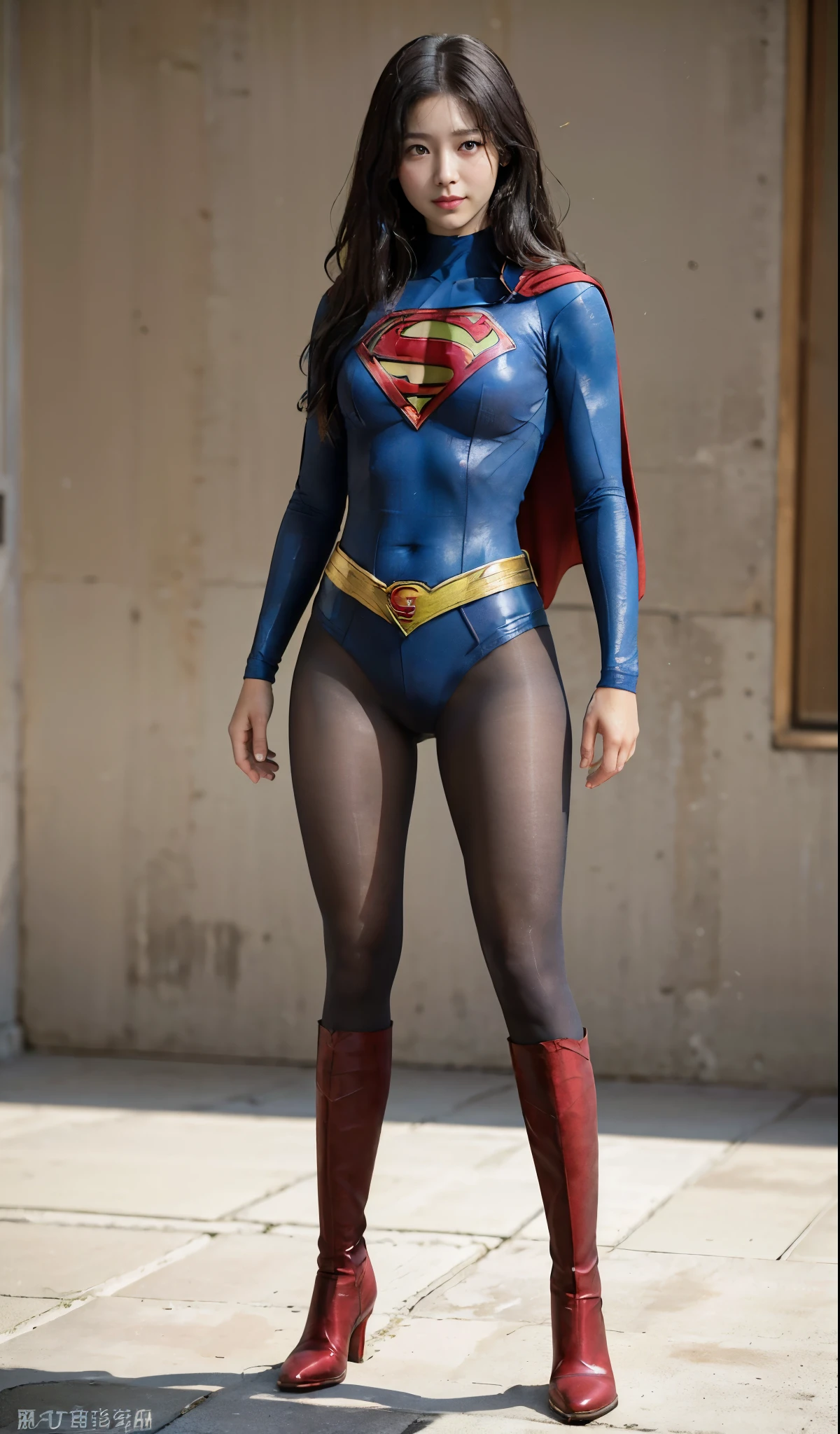 No background、(((Beautiful legs in black tights.)))、(((Legally express the beauty of your smile)))、((((Make the most of your original images)))、(((Supergirl Costume)))、(((Beautiful Hair)))、(((suffering)))、(((Please wear black tights....、Wear red boots)))、((Best image quality、8k))、((highest quality、8k、masterpiece:1.3))、(((Preserve background )))、Sharp focus:1.2、Beautiful woman with perfect figure:1.4、Slim Abs:1.2、Wet body:1.5、Highly detailed face and skin texture、8k