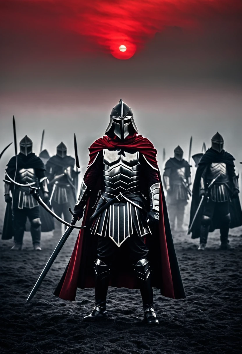 Imagine a gloomy picture, on which several warriors are depicted in black and red armor and cloaks. Sie tragen finstere Helme, die ihre Gesichter verbergen, and hold powerful weapons such as swords or bows. Im Hintergrund ist eine bedrohliche Schattenlandschaft zu sehen, through the dark red and black fog. Der Himmel ist von dunklen Wolken verhangen, which are illuminated by a reddish glow.