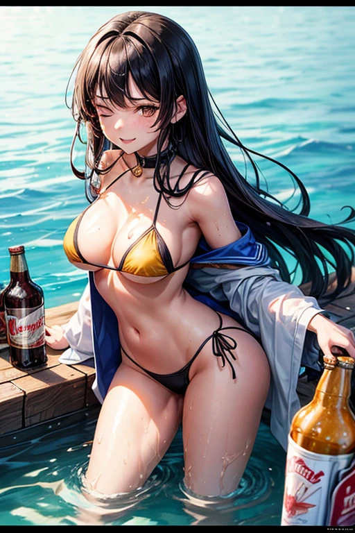 Draw Suzy, an anime-style female character with long straight black hair, thin black eyebrows, and brown eyes.  small, very firm and perky breasts, thin waist, large and perky ass, thick thighs.  she is wearing sexy medieval armor.  She is in the pool with water up to her waist wearing a very tight yellow bikini.  holding two bottles of Budweiser beer against her nipples.  naughty smile on his face with his eyes slightly closed.  caressing her breasts with two bottles of beer.  front view with navel up.  tight yellow bikini.  Small, firm and perky breasts.  placing beer bottles against her small breasts.  kneading her small breasts in beer.  spilling beer on her breasts.  drunk naughty girl expression on her face.  Suzy is pouring beer all over her  which are all soaked with beer.