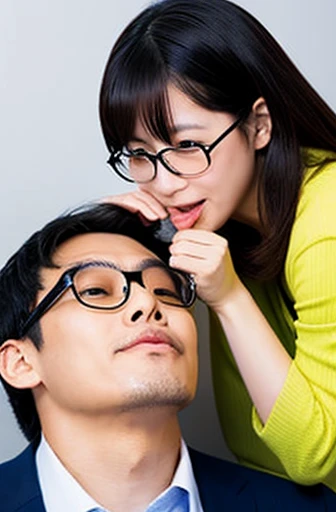 A Japanese woman with glasses sucking a Japanese man&#39;s genitals