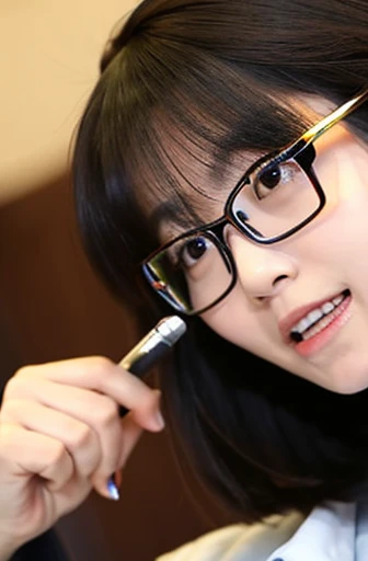 A Japanese woman with glasses sucking a Japanese man's genitals