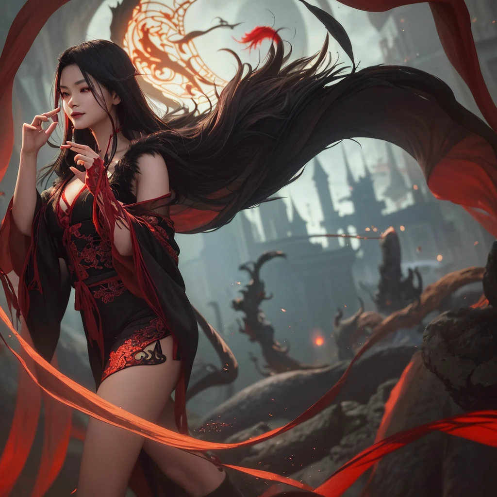 A witchy Asian spirit, Malaysian woman, age 25, ankle length hair, corrupt billowing silken robes with blood red trim (very risque but still enough is covered to be SFW) , glowing eyes, and a unholy aura, she is laughing cruelly, she floats above a corrupt magic circle in a medieval European village, black serpentine Asian drakes slither around the edges of the scene(almost out of sight, almost out of reach). (best quality, 4k, highres, masterpiece:1.2), ultra-detailed, (realistic, photorealistic, photo-realistic:1.37), HDR, UHD, studio lighting, ultra-fine painting, sharp focus, physically-based rendering, extreme detail description, professional, vivid colors, bokeh, portraits, landscape, horror, anime, sci-fi, photography, concept artists, vibrant colors, soft lighting.
