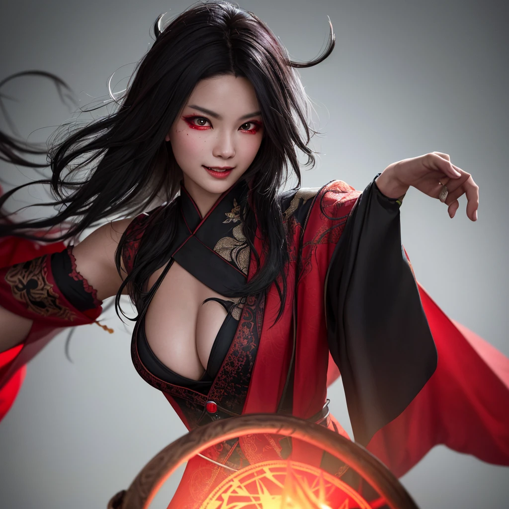 A witchy Asian spirit, Malaysian woman, age 25, ankle length hair, corrupt billowing silken robes with blood red trim (very risque but still enough is covered to be SFW) , glowing eyes, and a unholy aura, she is laughing cruelly, she floats above a corrupt magic circle in a medieval European village, black serpentine Asian drakes slither around the edges of the scene(almost out of sight, almost out of reach). (best quality, 4k, highres, masterpiece:1.2), ultra-detailed, (realistic, photorealistic, photo-realistic:1.37), HDR, UHD, studio lighting, ultra-fine painting, sharp focus, physically-based rendering, extreme detail description, professional, vivid colors, bokeh, portraits, landscape, horror, anime, sci-fi, photography, concept artists, vibrant colors, soft lighting.
