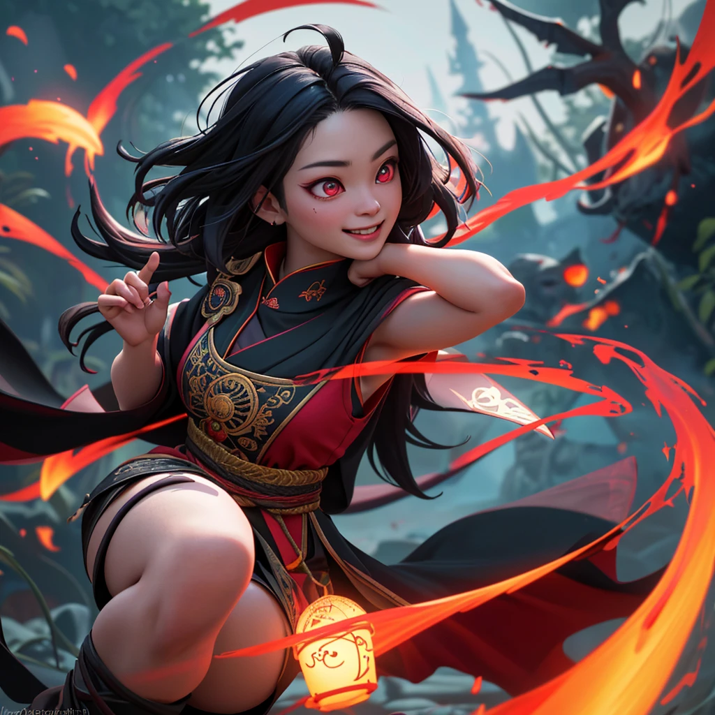 A witchy Asian spirit, Malaysian woman, age 25, ankle length hair, corrupt billowing silken robes with blood red trim (very risque but still enough is covered to be SFW) , glowing eyes, and a unholy aura, she is laughing cruelly, she floats above a corrupt magic circle in a medieval European village, black serpentine Asian drakes slither around the edges of the scene(almost out of sight, almost out of reach). (best quality, 4k, highres, masterpiece:1.2), ultra-detailed, (realistic, photorealistic, photo-realistic:1.37), HDR, UHD, studio lighting, ultra-fine painting, sharp focus, physically-based rendering, extreme detail description, professional, vivid colors, bokeh, portraits, landscape, horror, anime, sci-fi, photography, concept artists, vibrant colors, soft lighting.