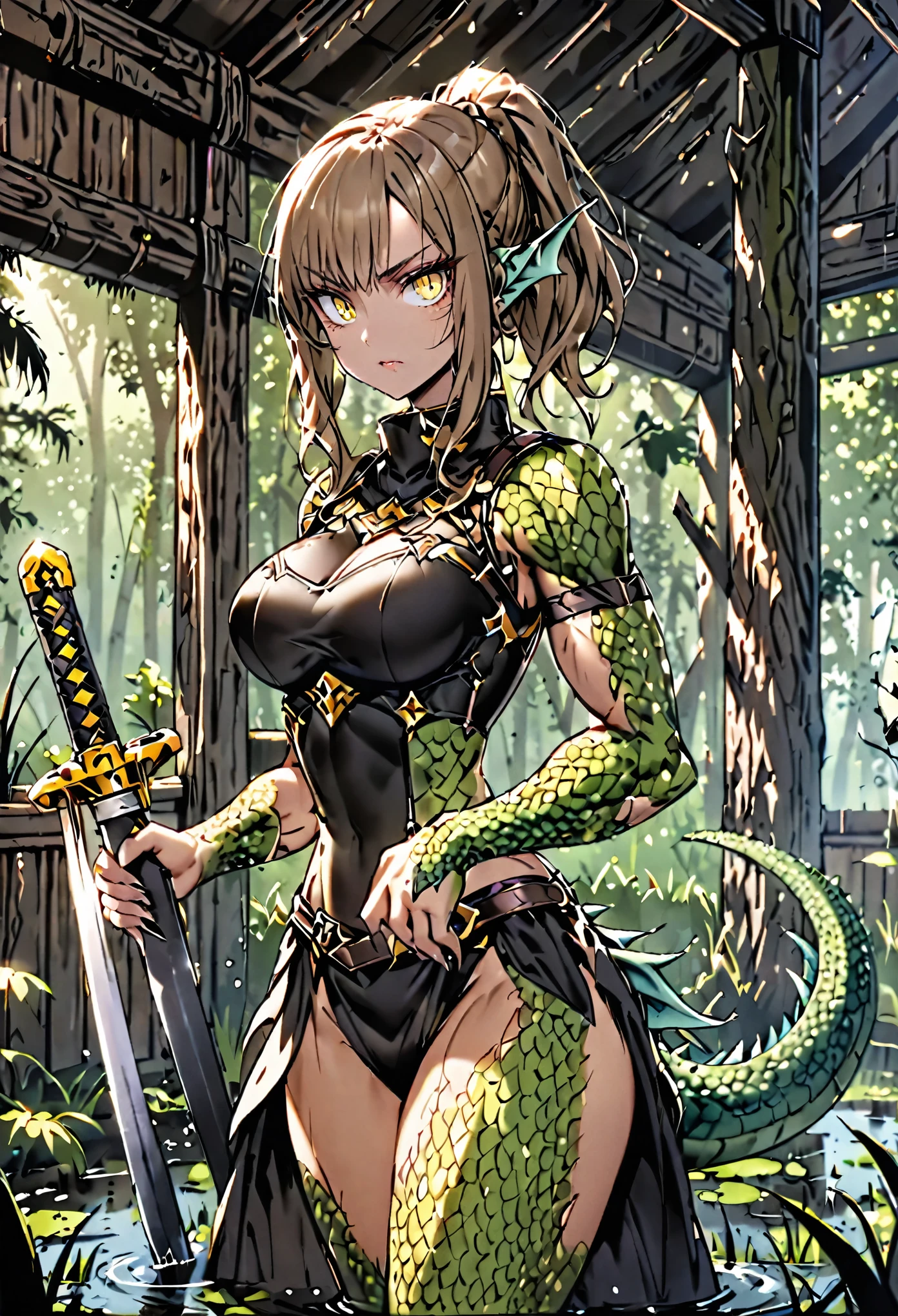 solo, female, sfw, medium shot, muscular, hourglass, light tan, long brown hair, scars, ponytail, yellow eyes, slit pupils, crocodile tail, tail, head fins, scales on arms, claw hands:0.9, swamp, wood cabin, day, defiant, sword, scale armor, large breasts