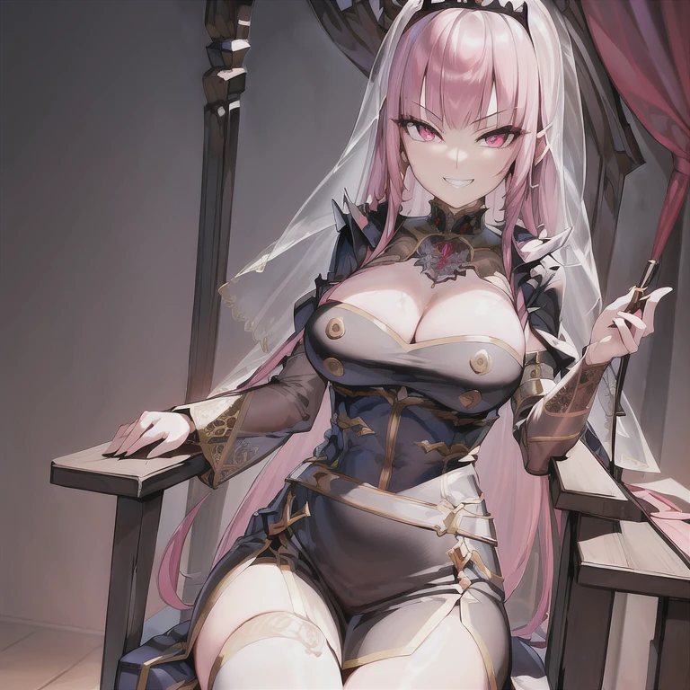 (masterpiece:1.2), (best quality:1.2), (sharp detail:1.2) highres, absurdres, best quality, intricate, ultra-detailed, 8k wallpaper, perfect face, beautiful detailed eyes, calliope mori, solo, 1girl, (smug:1.2), pink eyes, smile, grin, sitting on throne, legs crossed, camera looking up, camera on ground, Her looking down