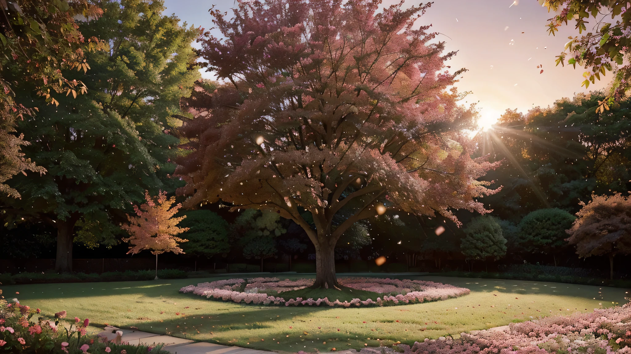 Photograph of the Tree of Life, taken in autumn, with pink and sparkling leaves set in a garden of flowers and grass in shades of pink and red, in a sweet sunset. Sparkles of light fall from the sky, Butterflies surround the magical garden, High Quality Photography, High Resolution, Centered Perspective, Skyward shot, Bright light behind the leaves