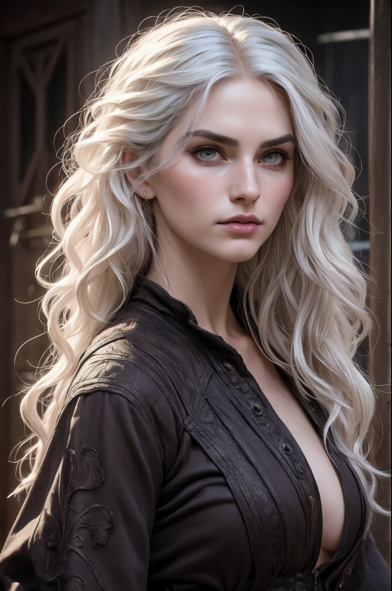 (masterpiece, absurdres, highres, ultra detailed), 1woman, wavy white hair, adult, purple eyes, focus,handsome face, yennefer the witcher, charming, detailed eyes and face, angry expression,