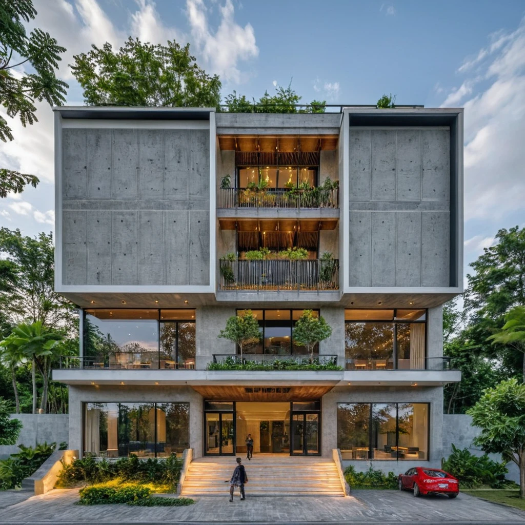 Masterpiece, high quality, best quality, authentic, super detail, outdoors, onestoreyvillaXL, aiaigroup, building style modern on the street ,stairs, concrete wall ,road,pavement, trees, sky, cloud, (daylight:1.1)