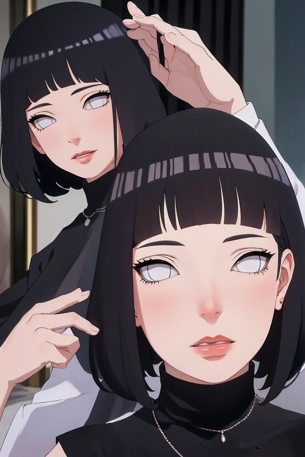 (Masterpiece - Ultra-Detailed, High Resolution) Prepare to be enchanted by a true masterpiece that combines ultra-detailed art with high-resolution rendering. This work shows a mesmerizing woman, with short, black hair, 1950s style, Hinata (1.3) and captivating dark brown eyes (1.2), New York illustration style, wearing (red lipstick), emanating an aura of elegance and mystery. Wearing classic 1950s clothing. sexy. Intricate details and realistic textures invite you to explore every aspect of this enchanting composition. Transparent black dress. Sitting, dynamic poses, mouth closed. Different posture. . Get ready to dive into a world where beauty and craftsmanship merge perfectly.