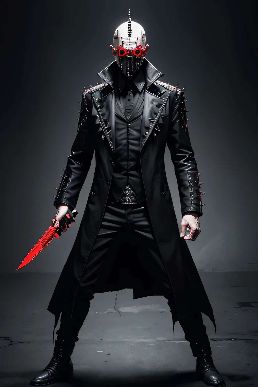 a man character from fighting video games, with the following appearance: old man, hellraiser style, thin with white hair, a crazy doctor, bald, with futuristic glasses and a black cyber mask, white skin, murderous look, full body and in his hands knives, lunatic in red dungeon style background.