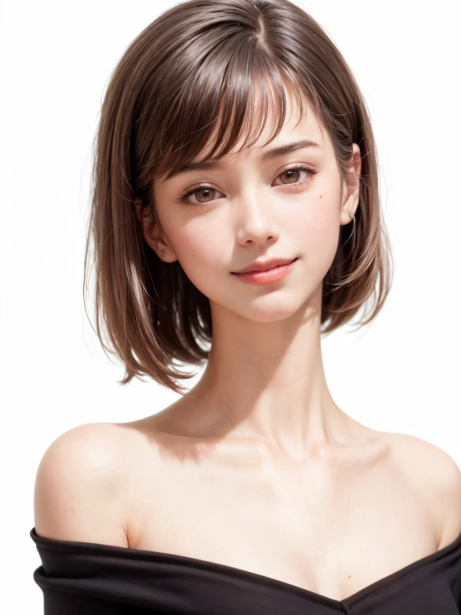 1 girl, alone, Beautiful Skin, very detaileded, ultra detaileded, Ultra-high resolution, (Photorealism:1.4), (highest quality), (Best Shadow), detailed, Perfect lighting, Black Hair, ((Showpiece, highest quality, High precision)), One Girl, (Realistic: 1.4), (look up at the camera even a little, カメラをlook up, look up, look up at the camera, Looking into the camera))), alone, White Background, snow-White Background, shut up., smile, pretty Black Hair, short hair:1.6, Big eyes, Beautiful double eyelids, eyelash, listen, Long neck, 美しいLong neck, Absolute area, ((Face close-up, short hair with bangs、Short Bob Hair:1.5、Off the shoulder)), 19 years old, Attractive proportions, Shiny skin, Beautiful clavicle, Golden ratio face, Perfect Face, Teardrop-shaped mole, Mole on chest, bangs, clean bangs, beautiful bangs, Lip gloss, Thin lips, White skin, I took off my clothes, Small face, Small face, 少し上を向いてLooking into the camera, ((smile a little for the camera, really nothing pure White Background, Listen carefully, big 胸、Dynamic Angle:1.5、Workplace Safety:2))