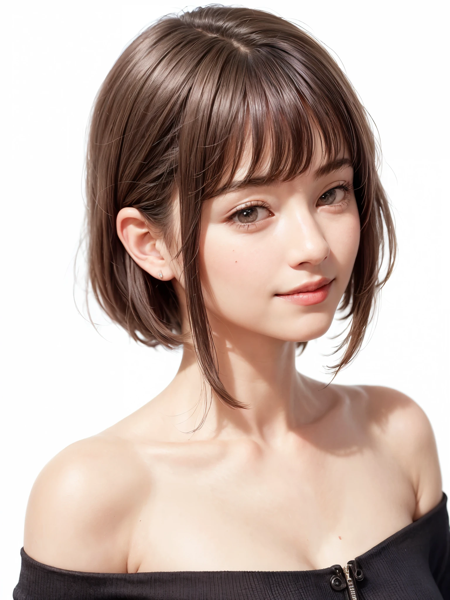 1 girl, alone, Beautiful Skin, very detaileded, ultra detaileded, Ultra-high resolution, (Photorealism:1.4), (highest quality), (Best Shadow), detailed, Perfect lighting, Black Hair, ((Showpiece, highest quality, High precision)), One Girl, (Realistic: 1.4), (look up at the camera even a little, カメラをlook up, look up, look up at the camera, Looking into the camera))), alone, White Background, snow-White Background, shut up., smile, pretty Black Hair, short hair:1.6, Big eyes, Beautiful double eyelids, eyelash, listen, Long neck, 美しいLong neck, Absolute area, ((Face close-up, short hair with bangs、Short Bob Hair:1.5、Off the shoulder)), 19 years old, Attractive proportions, Shiny skin, Beautiful clavicle, Golden ratio face, Perfect Face, Teardrop-shaped mole, Mole on chest, bangs, clean bangs, beautiful bangs, Lip gloss, Thin lips, White skin, I took off my clothes, Small face, Small face, 少し上を向いてLooking into the camera, ((smile a little for the camera, really nothing pure White Background, Listen carefully, big 胸、Dynamic Angle:1.5、Workplace Safety:2))