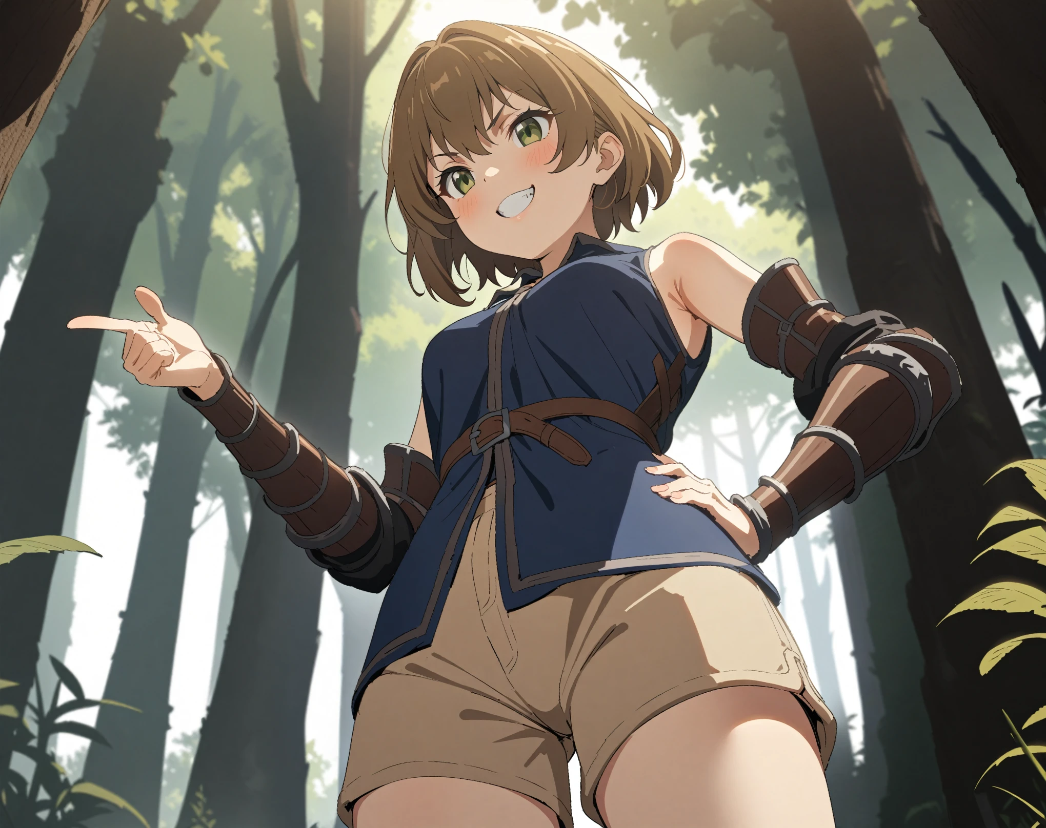 (Masterpiece, best quality, highres) {{Artist: Sincos}} 1 woman, very short, solo, 23 years old, brown hair, short hair, hazel eyes, grin, leather armor, sleeveless, vambraces, blue tabard, beige shorts, low-angle, standing confidently, one hand on hip, other hand pointing ahead, pointing at goblin, in forest, at day, medieval fantasy.