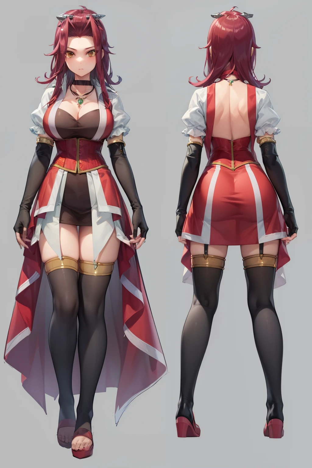 ((masterpiece)),(((best quality))), (aki1, izayoi aki, solo, elbow gloves, jewelry, cleavage, choker, necklace, black thighhighs, black gloves, large breasts), ((character design sheet)), oc render, ((Multiple angles)), ((front and back view)), (same person), ((full body view)) illustration,1girl, thick thighs, modern style, ((detailed face:1.4)), rough sketches, clean backdrop, mature woman, large breasts,
