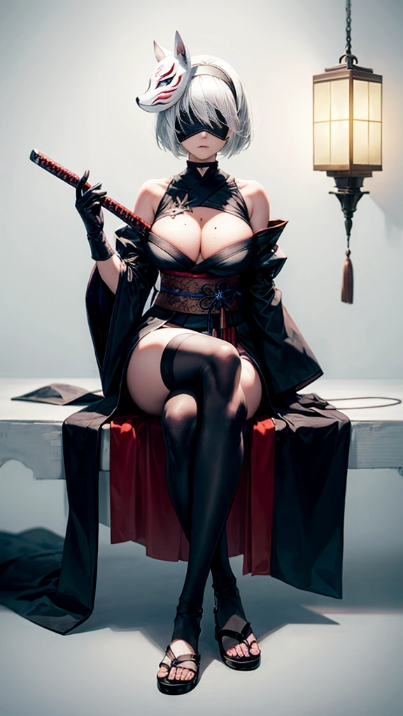1girl, solo, breasts, short hair, bangs, large breasts, simple background, thighhighs, gloves, white background, bare shoulders, sitting, closed mouth, full body, weapon, white hair, thighs, hairband, detached sleeves, japanese clothes, sword, black thighhighs, white gloves, wide sleeves, kimono, mole, sash, sideboob, mask, obi, sandals, crossed legs, katana, mole under mouth, facing viewer, lantern, blindfold, mask on head, black kimono, fox mask, covered eyes, black blindfold, yorha no. 2 type b