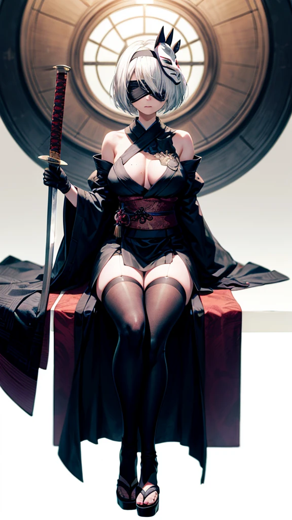 1girl, solo, breasts, short hair, bangs, large breasts, simple background, thighhighs, gloves, white background, bare shoulders, sitting, closed mouth, full body, weapon, white hair, thighs, hairband, detached sleeves, japanese clothes, sword, black thighhighs, white gloves, wide sleeves, kimono, mole, sash, sideboob, mask, obi, sandals, crossed legs, katana, mole under mouth, facing viewer, lantern, blindfold, mask on head, black kimono, fox mask, covered eyes, black blindfold, yorha no. 2 type b