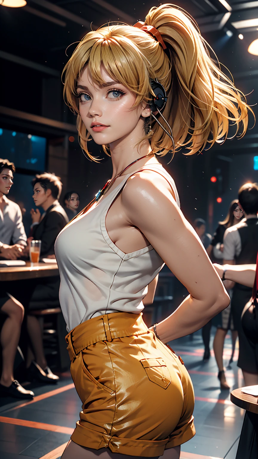 highest quality, masterpiece, 8k, Ultra-high resolution, (Realistic: 1.4), 1 girl, Beautiful Face, Symmetrical eyes, big, Perfect figure,（(Soryu Asuka Langley，Interface Headset，Close Relationship、Shorts：1.4，blonde)), (At the club、Blurred Background), Dance to the music、Front view, Absolute area (1.3),A kind smile、Seems kind、Cowboy Shot