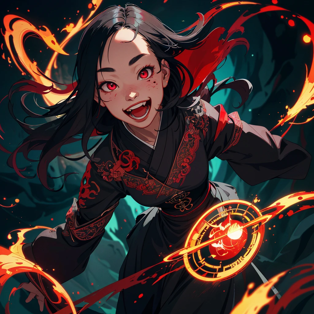 A witchy Asian spirit, Malaysian woman, age 25, ankle length hair, corrupt billowing silken robes with blood red trim (very risque but still enough is covered to be SFW) , glowing eyes, and a unholy aura, she is laughing cruelly, she floats above a corrupt magic circle in a medieval European village, black serpentine Asian drakes slither around the edges of the scene(almost out of sight, almost out of reach). (best quality, 4k, highres, masterpiece:1.2), ultra-detailed, (realistic, photorealistic, photo-realistic:1.37), HDR, UHD, studio lighting, ultra-fine painting, sharp focus, physically-based rendering, extreme detail description, professional, vivid colors, bokeh, portraits, landscape, horror, anime, sci-fi, photography, concept artists, vibrant colors, soft lighting.
