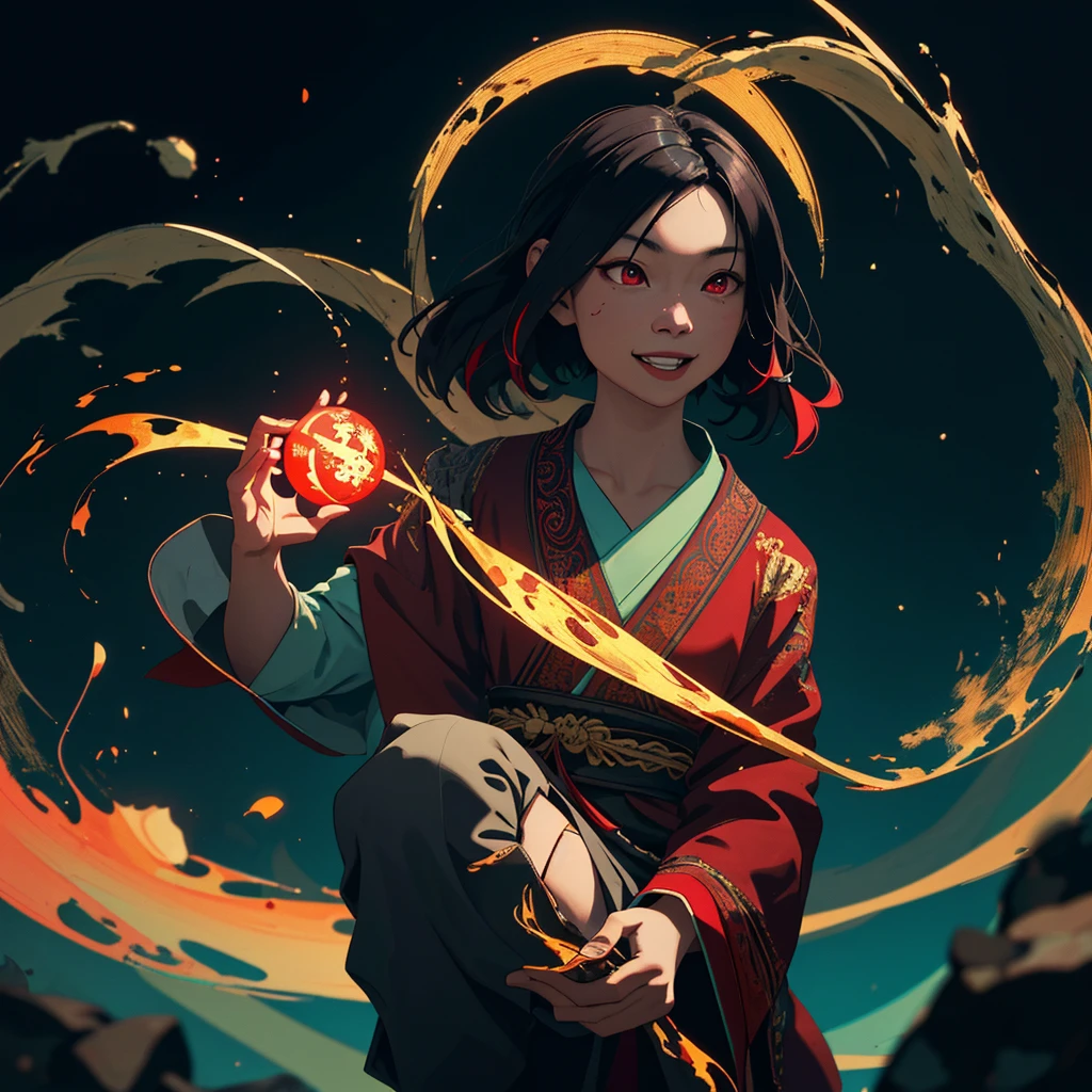 A witchy Asian spirit, Malaysian woman, age 25, ankle length hair, corrupt billowing silken robes with blood red trim (very risque but still enough is covered to be SFW) , glowing eyes, and a unholy aura, she is laughing cruelly, she floats above a corrupt magic circle in a medieval European village, black serpentine Asian drakes slither around the edges of the scene(almost out of sight, almost out of reach). (best quality, 4k, highres, masterpiece:1.2), ultra-detailed, (realistic, photorealistic, photo-realistic:1.37), HDR, UHD, studio lighting, ultra-fine painting, sharp focus, physically-based rendering, extreme detail description, professional, vivid colors, bokeh, portraits, landscape, horror, anime, sci-fi, photography, concept artists, vibrant colors, soft lighting.
