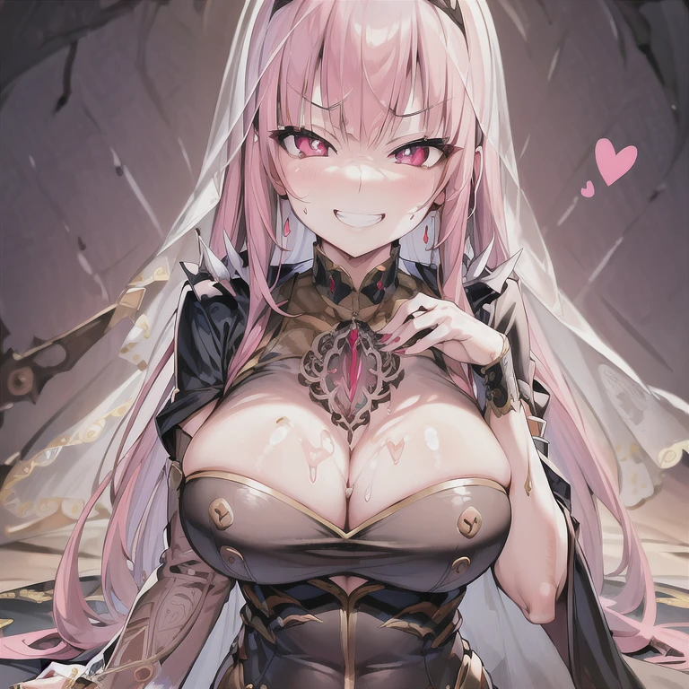 (masterpiece:1.2), (best quality:1.2), (sharp detail:1.2) highres, absurdres, best quality, intricate, ultra-detailed, 8k wallpaper, perfect face, beautiful detailed eyes, calliope mori, solo, 1girl, (smug:1.2), pink eyes, smile, grin, squating, making heart with hand, heart pupils, sweat