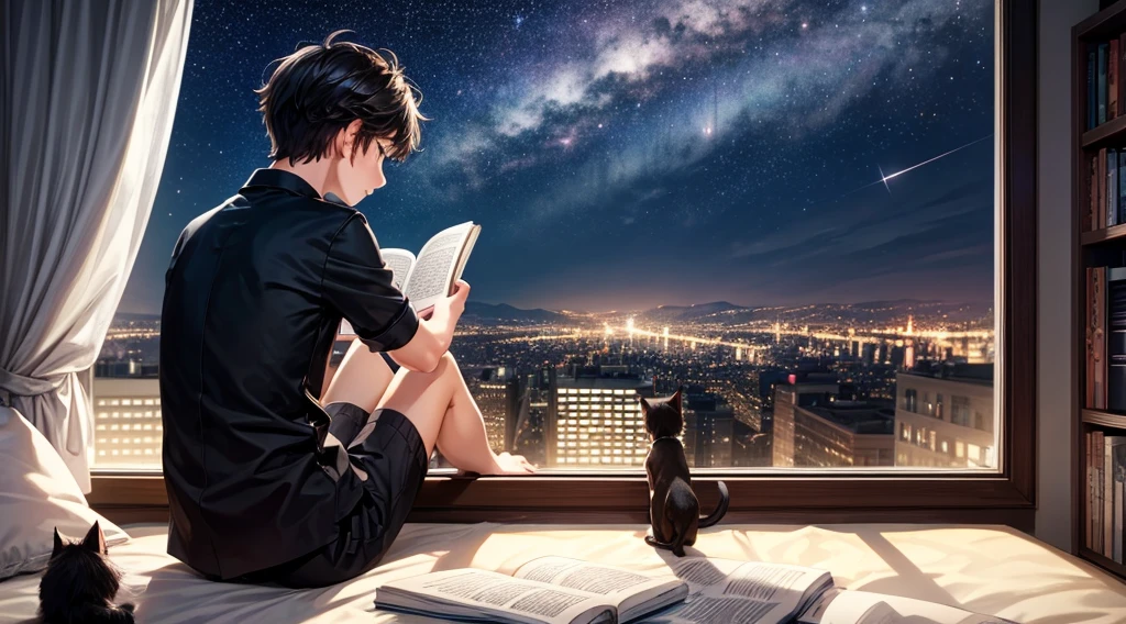 Create a boy reading a book in his room he is on the other side an open window showing the city lit up name and boy Sad he is wearing black clothes and there is a cat in the window looking at the stars at night