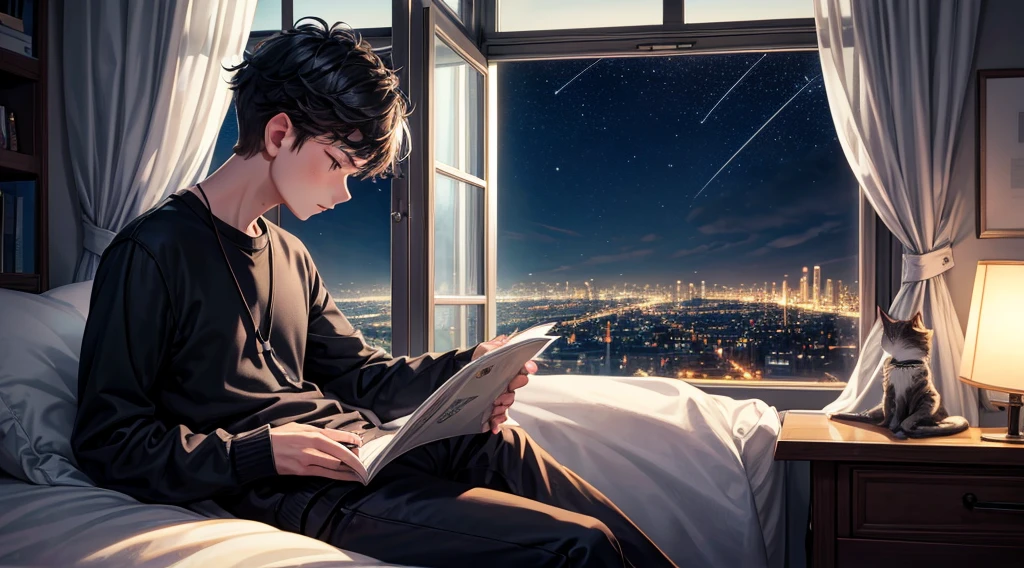 Create a boy reading a book in his room he is on the other side an open window showing the city lit up name and boy Sad he is wearing black clothes and there is a cat in the window looking at the stars at night