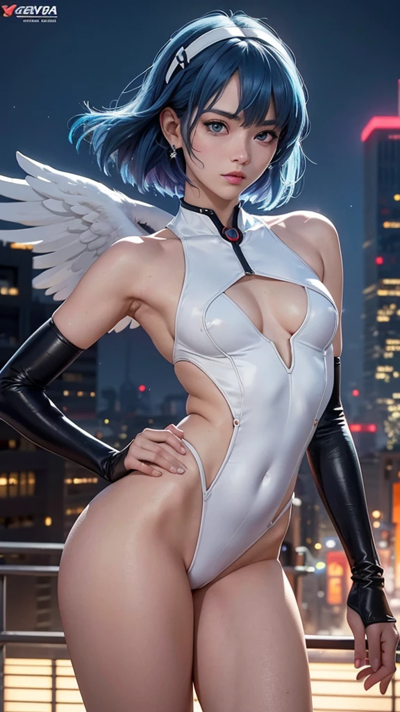 Rei Ayanami sexy, neon genesis evangelion, semidesnuda, traje con logo de NERV iconico blanco sexy,very sexy small clothes, joven, cuerpo muy delgado, super skynny body, small and beautiful buttocks, abdomen tonificado, puedo ver sus senos hermosos y perfectos,, poernas hermosas, manos perfectas,guantes, Torre Tokyo en el fondo, malevolent, obscena, poderosa, super sensual, angels fighting,Dramatic background, In the background you can see the city of Japan with sparkles that illuminate its beauty, apocalyptic atmosphere, mirada sensual, ojos hermosos, cabello corto, tiene pinzas en el cabello, classic hairstyle,Hair dyed in bright blue color, Best quality,8K,A high resolution,Masterpiece,Ultra detailed,Realistic, Photorealistic,photo realistic