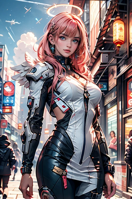 ((masterpiece, best quality, extremely detailed), centered, volumetric lighting, ambient occlusion, colorful, glowing), 
1girl, solo, young girl, (pink hair), long hair, halo, aura, sacred, godness, cyber suit, (white outfit:1.3), android, bot, angel wings,
outdoors, sunset, sky, clouds, space, (cyberpunk theme:1.2), risbeauty chinese,