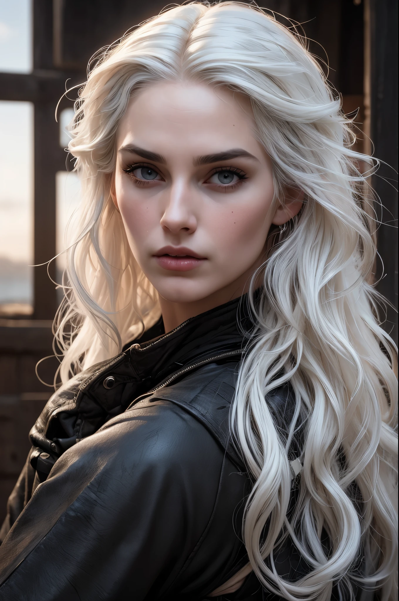 (masterpiece, absurdres, highres, ultra detailed), 1woman, wavy white hair, adult, black eyes, focus,handsome face, yennefer the witcher, charming, detailed eyes and face, angry expression, sky background